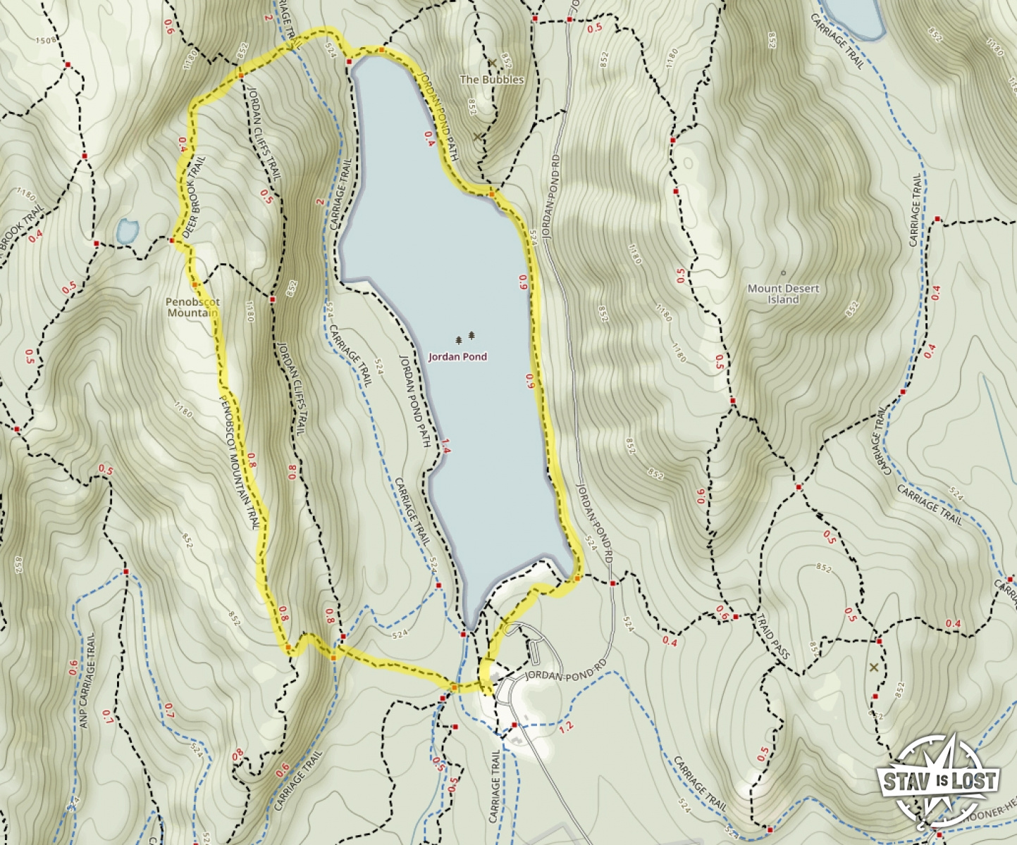map for Jordan Pond Loop via Penobscot Mountain by stav is lost