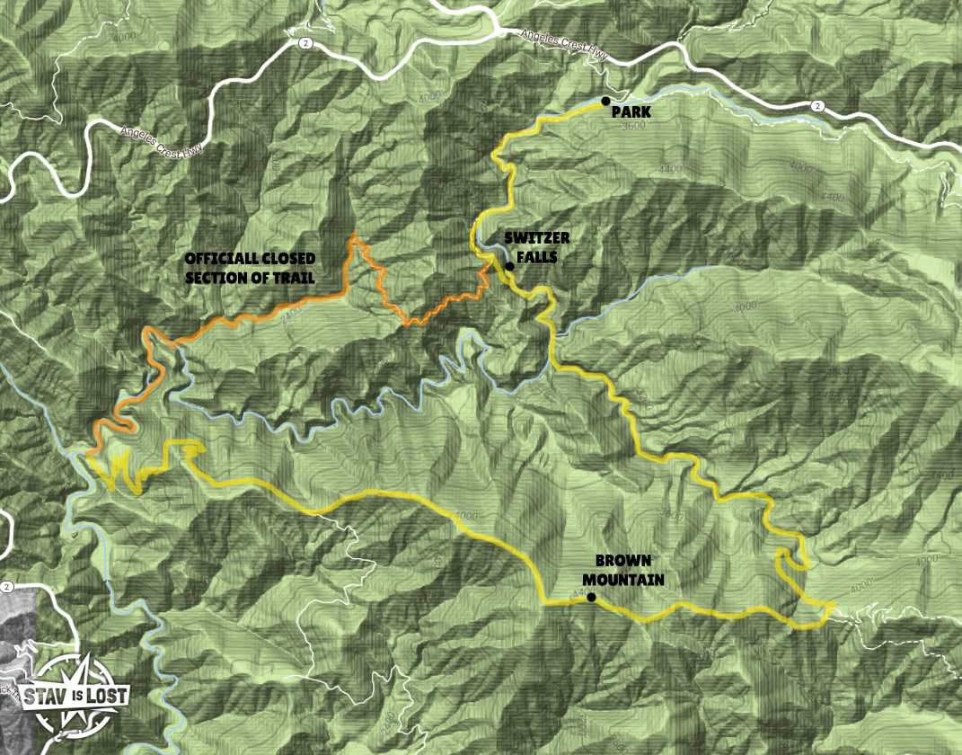Hiking Map for Brown Mountain via Bear Canyon and Gabrielino Loop