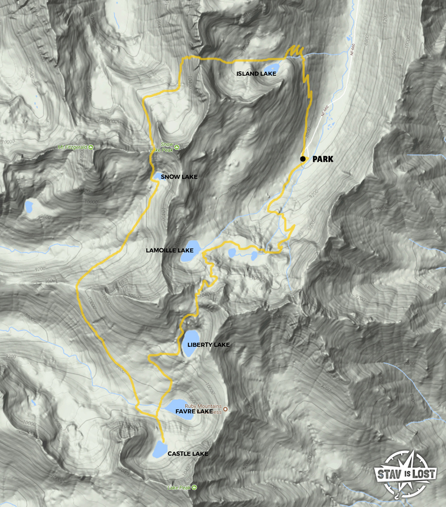 Hiking Map for Lakes Loop of Ruby Mountains Wilderness