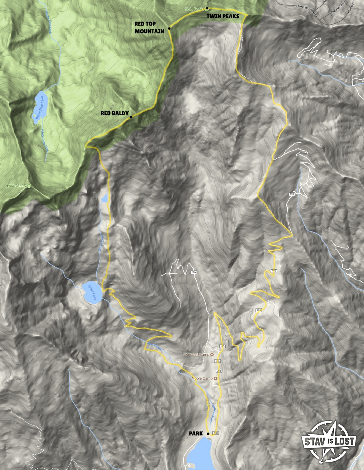 map for Red Baldy and Twin Peaks Loop via Silver Glance Lake by stav is lost