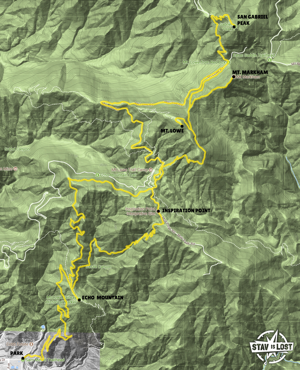 map for Mount Lowe, Mount Markham, San Gabriel Peak via Sam Merrill Trail by stav is lost