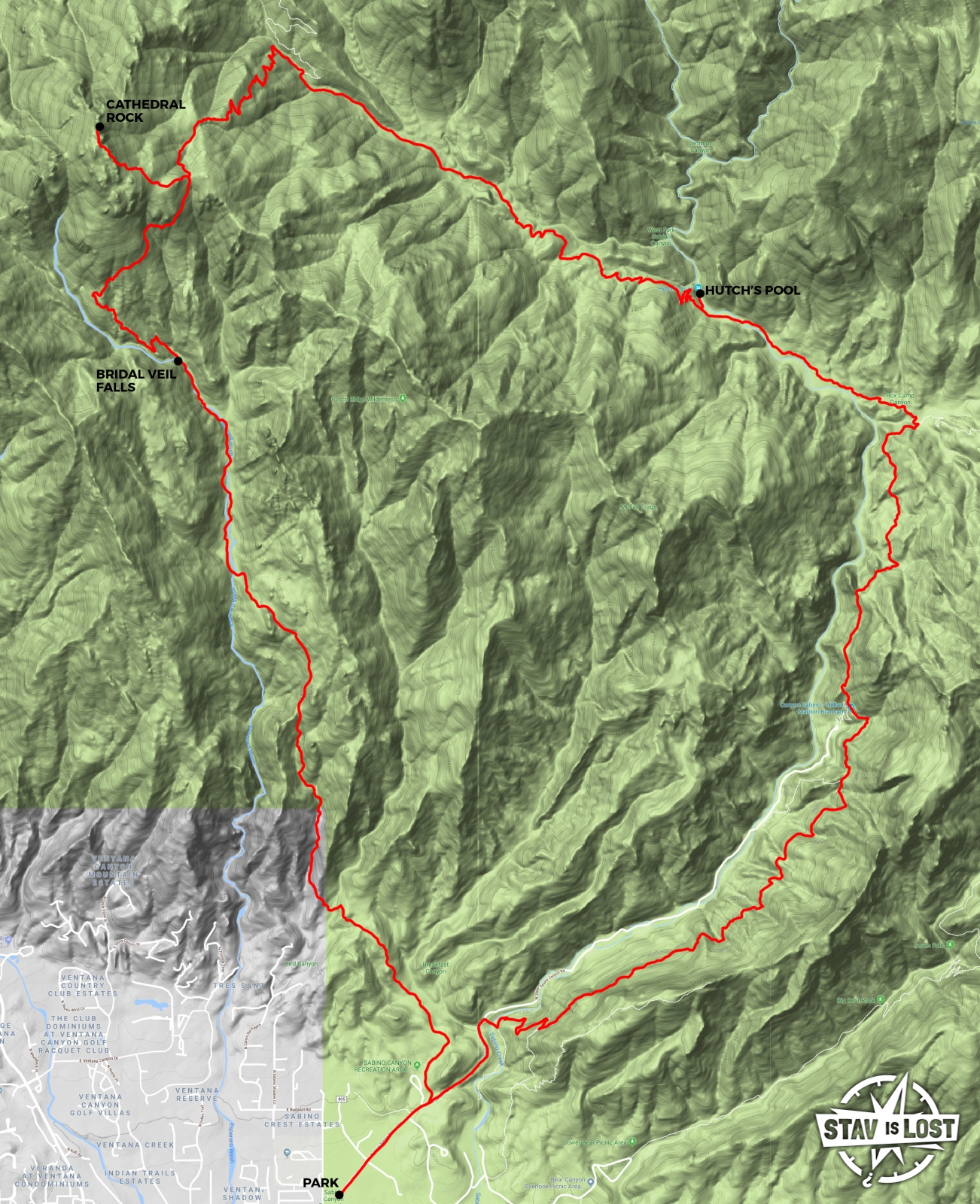 map for Cathedral Rock via Esperero and Sabino Canyon Loop by stav is lost