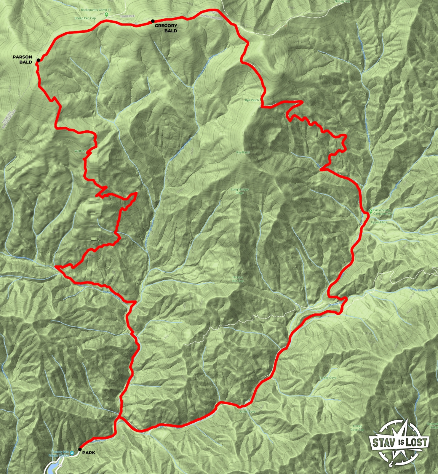 map for Gregory Bald via Wolf Ridge and Long Hungry Ridge Loop by stav is lost