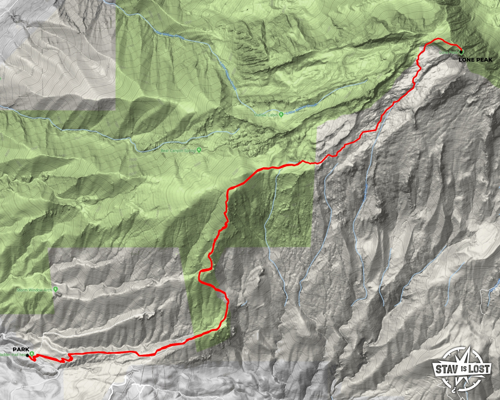 Hiking Map for Lone Peak via Jacob's Ladder