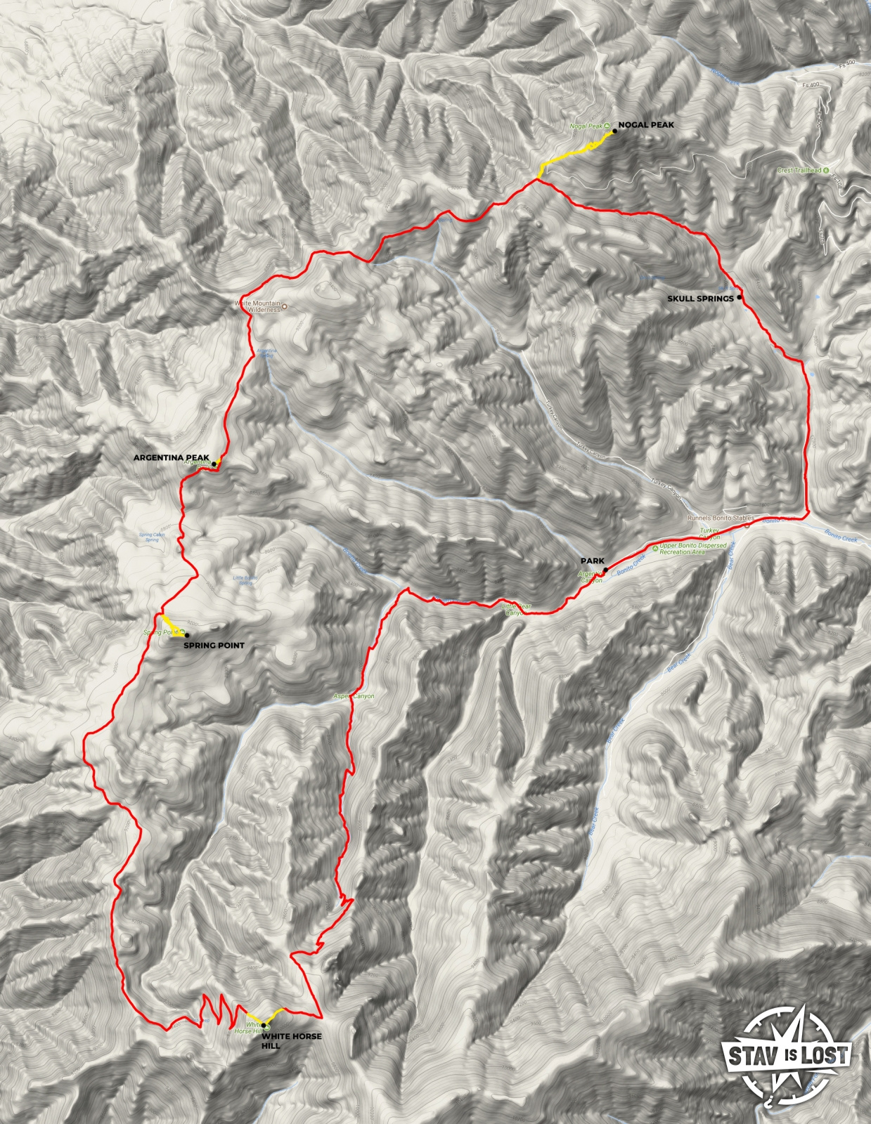 map for White Horse Hill to Nogal Peak via Crest Trail Loop by stav is lost