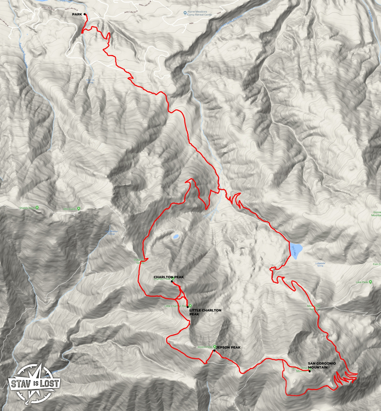map for San Gorgonio Mountain via South Fork and Dry Lake Loop by stav is lost