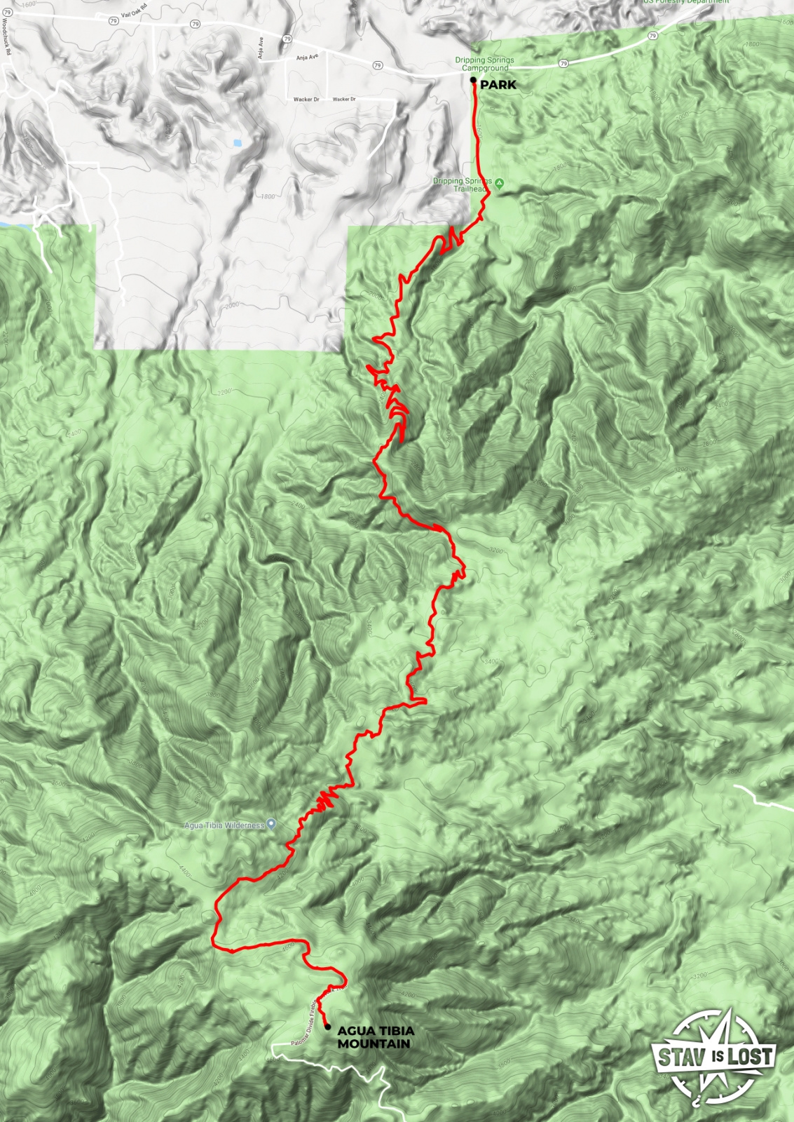 Hiking Map for Agua Tibia Mountain via Dripping Springs Trail