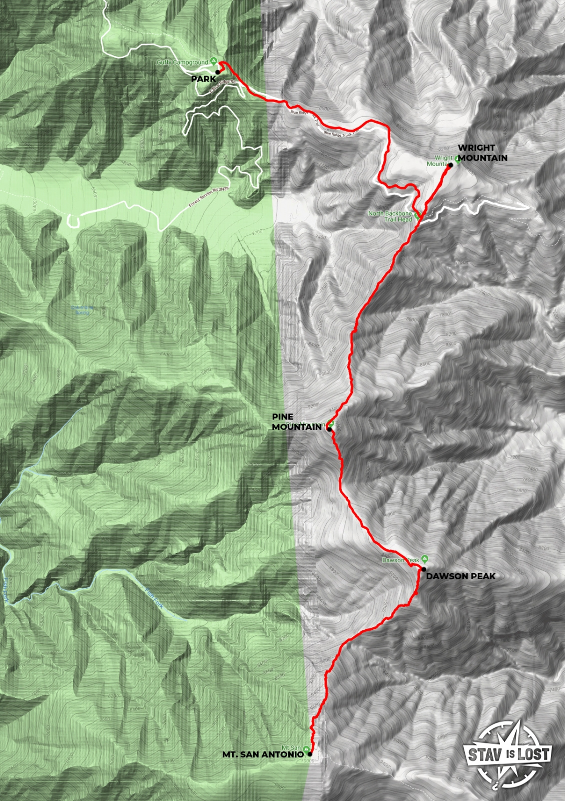 map for Mount San Antonio via North Backbone Trail by stav is lost