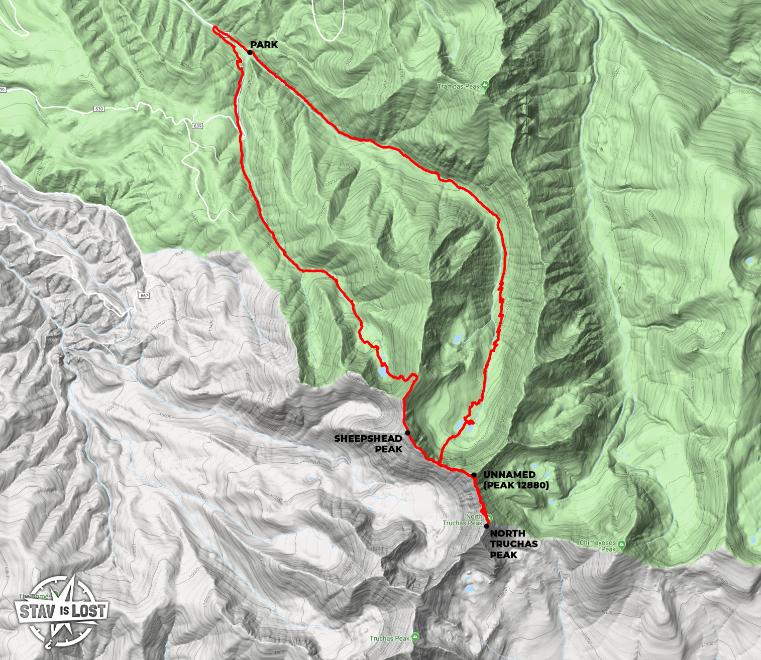 map for North Truchas Peak via Trampas and San Leonardo Lakes Loop by stav is lost