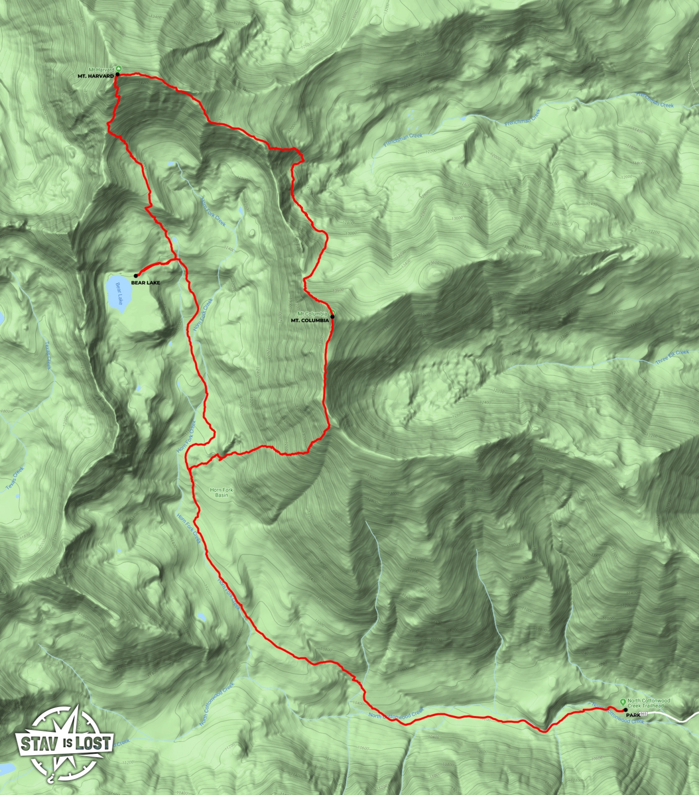 map for Mount Harvard and Mount Columbia Loop by stav is lost