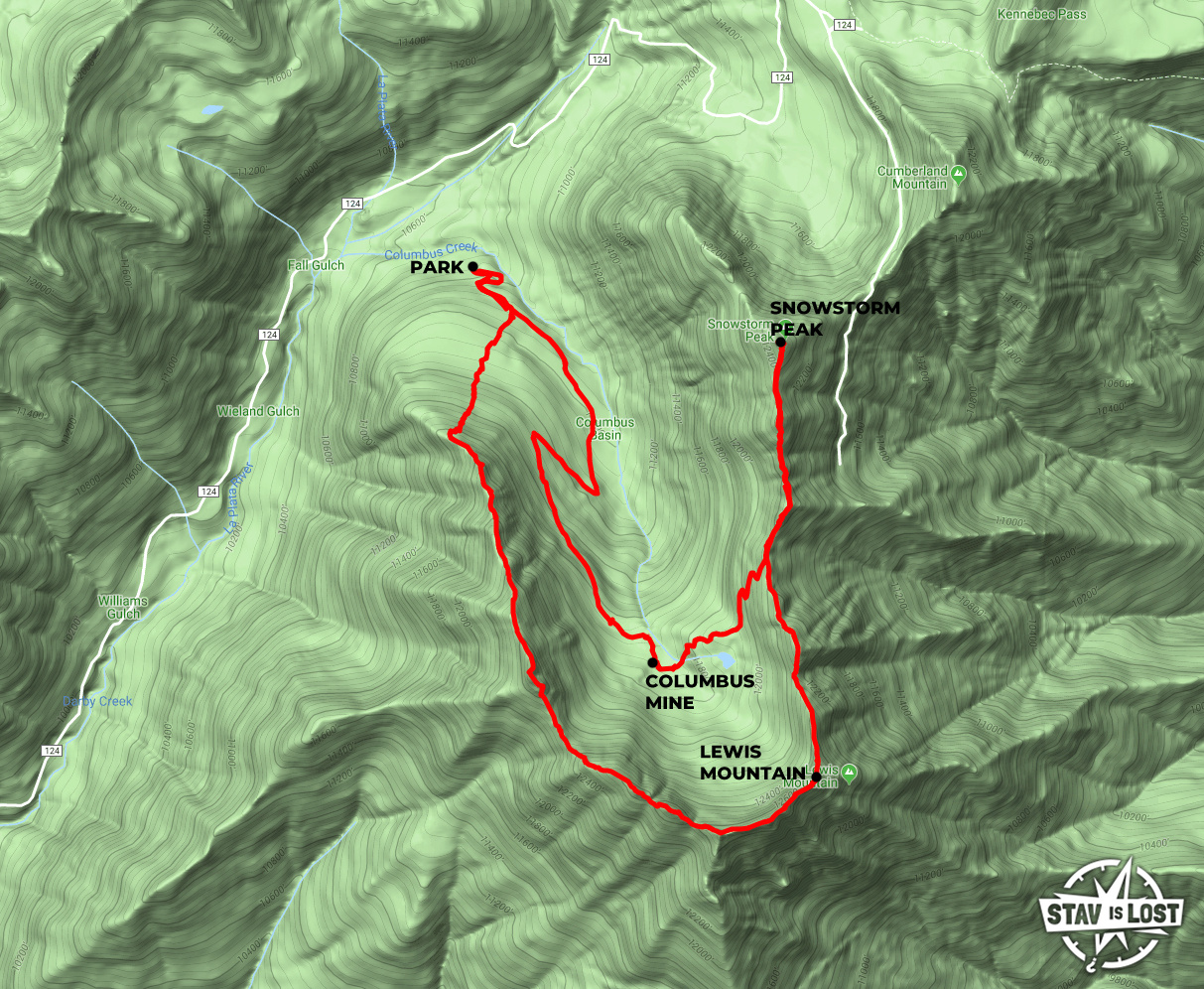 Hiking Map for Lewis Mountain, Snowstorm Peak, and Columbus Mine Loop