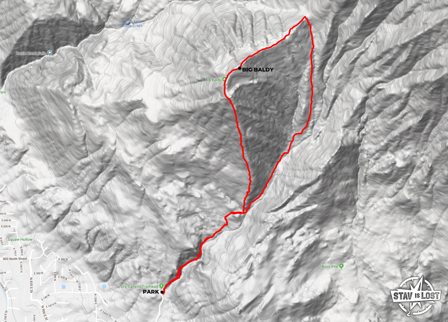 map for Big Baldy Peak via Dry Canyon by stav is lost