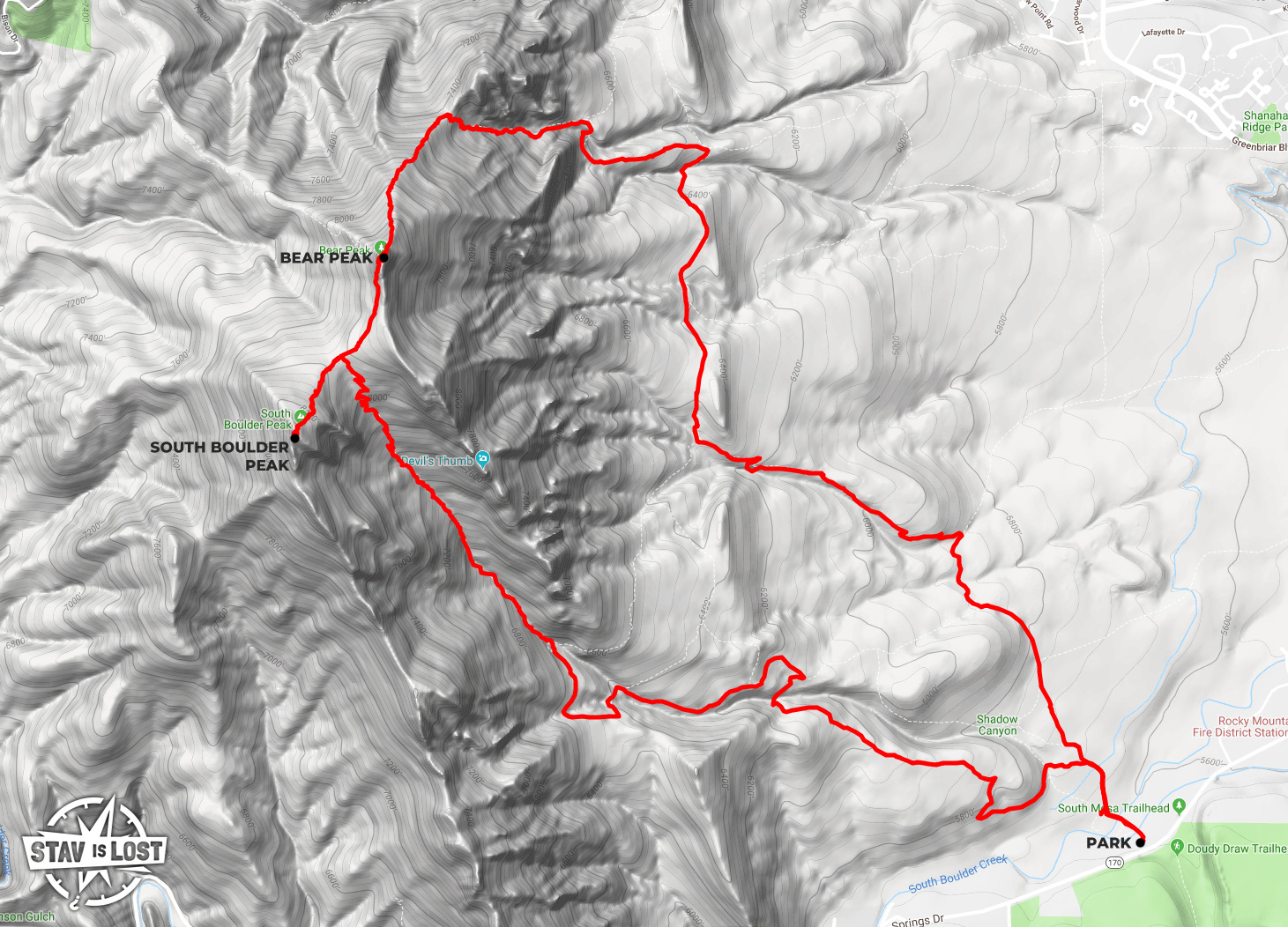map for Bear Peak via Shadow and Fern Canyons Loop by stav is lost