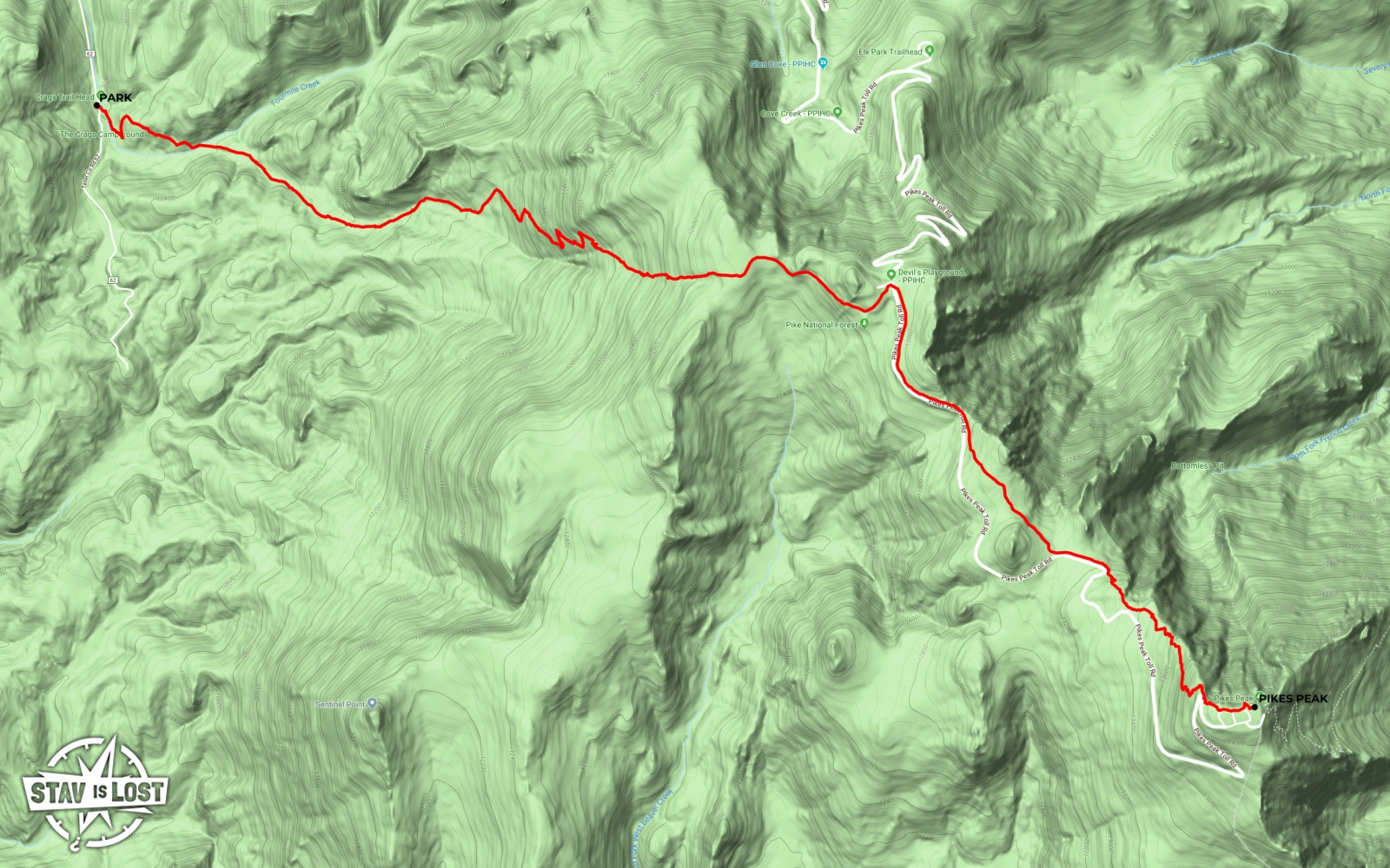 map for Pikes Peak via Devil's Playground and Crags Trail by stav is lost