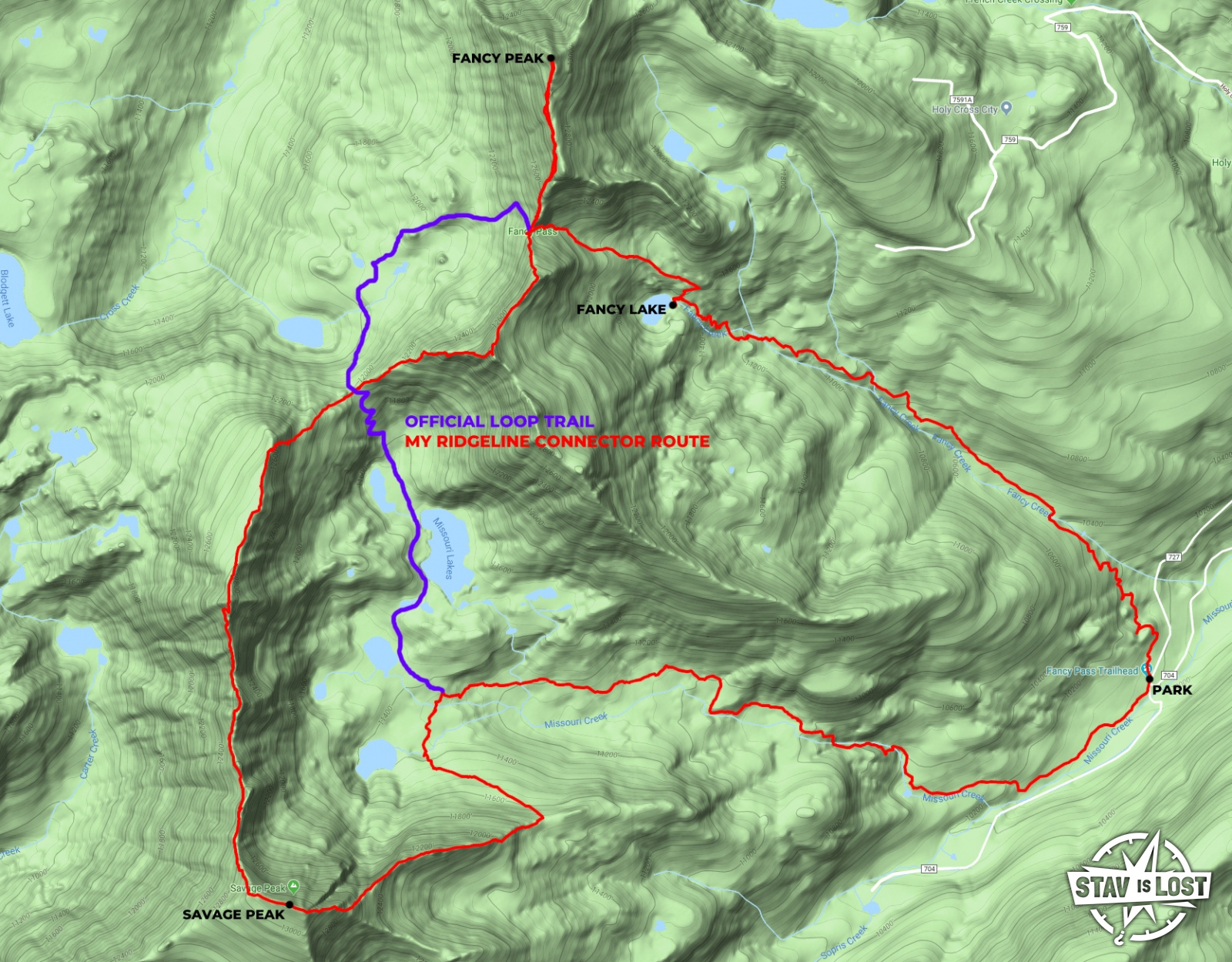 map for Fancy Peak and Savage Peak via Missouri Lakes Loop by stav is lost