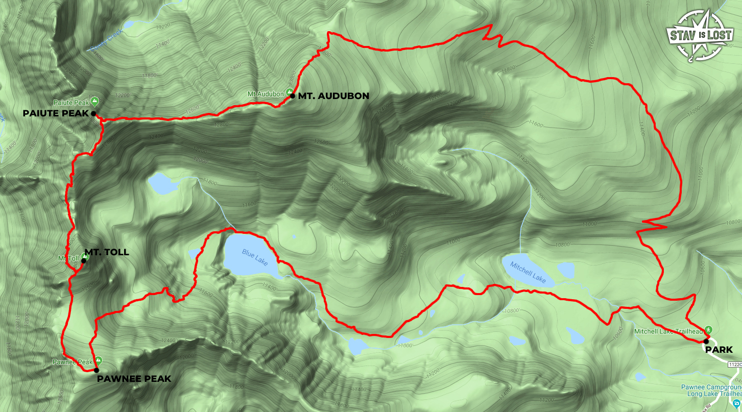 Hiking Map for Audubon, Paiute, Toll, Pawnee Traverse, and Blue Lake