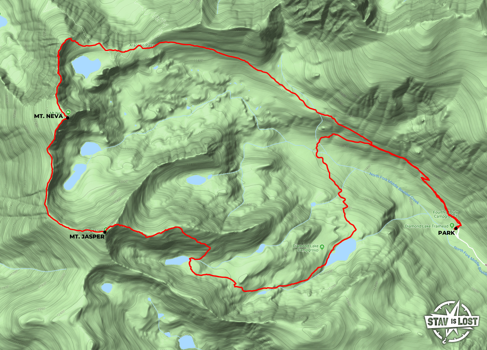 map for Mount Neva and Mount Jasper via Arapaho Pass and Diamond Lake Loop by stav is lost