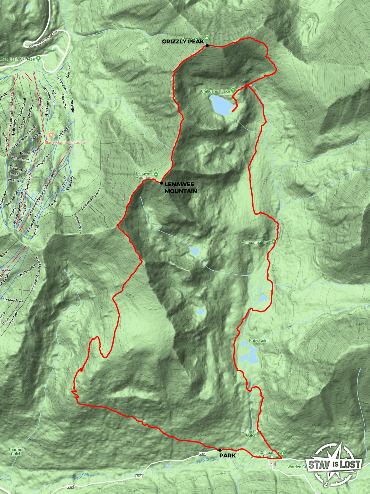 map for Lenawee Mountain, Grizzly Peak, and Chihuahua Lake Loop by stav is lost