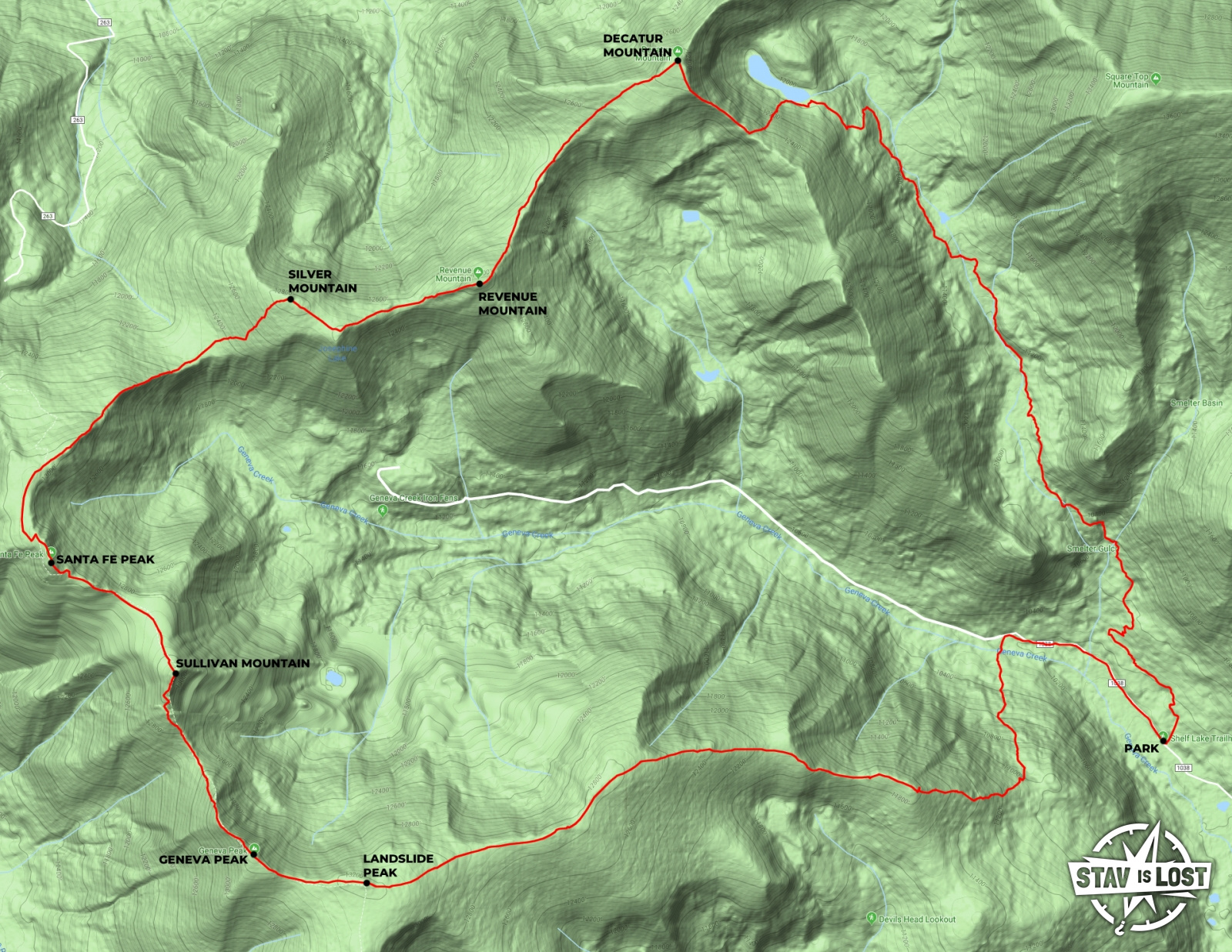 map for Decatur, Revenue, Santa Fe, Geneva Loop via Shelf Lake by stav is lost