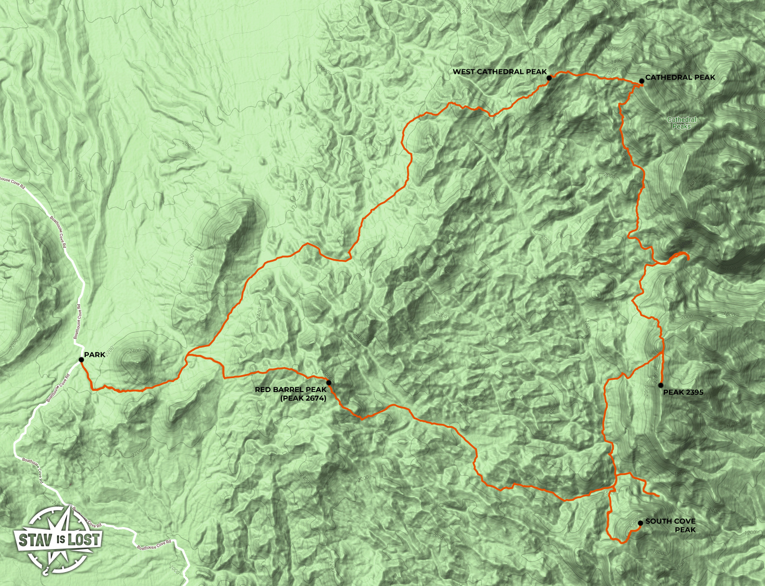 map for Cathedral Peak and South Cove Peak Loop by stav is lost