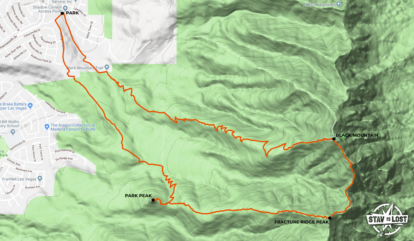 Hiking Map for Black Mountain and Fracture Ridge Peak