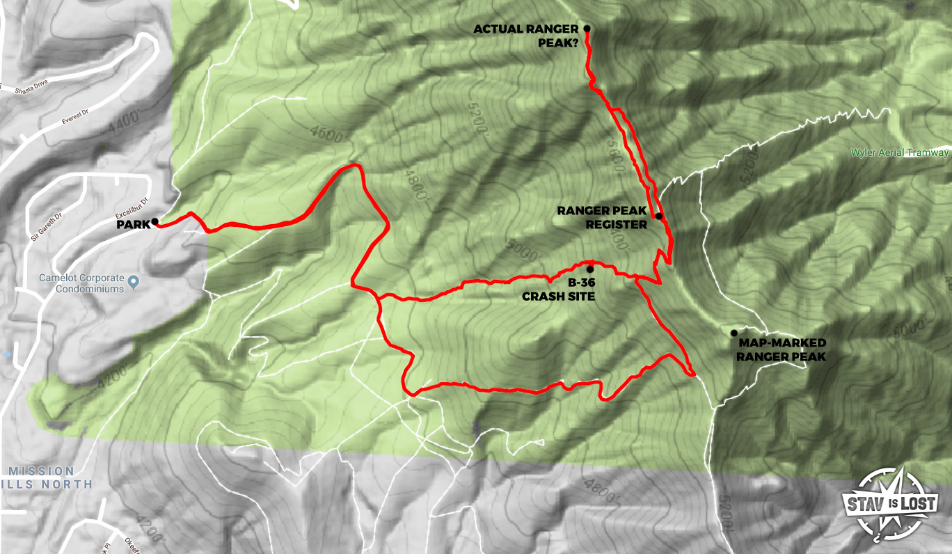 map for Ranger Peak Ridgeline via B-36 Crash Site by stav is lost