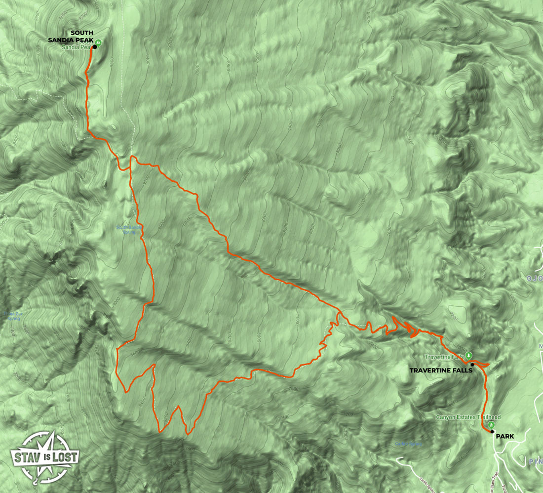 map for South Sandia Peak via CCC and Crest Loop by stav is lost