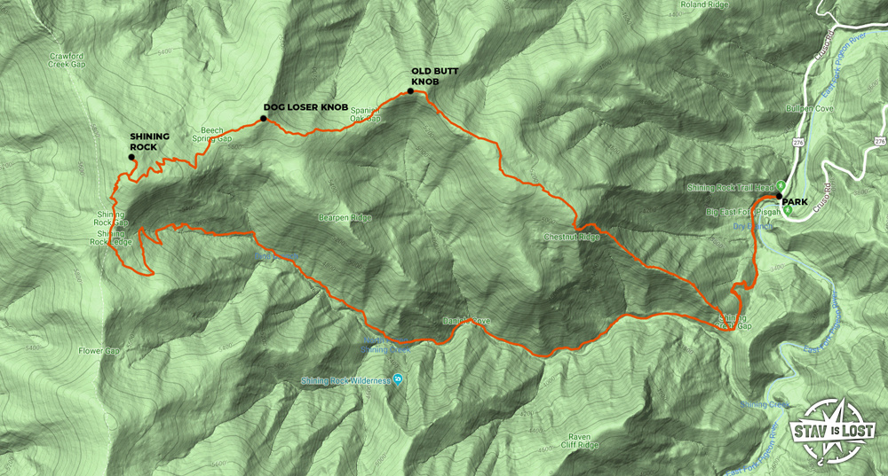 Hiking Map for Old Butt Knob and Shining Rock Loop