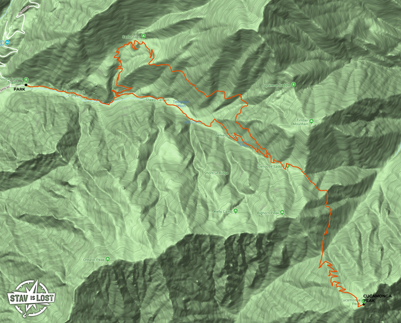 map for Cucamonga Peak via Ice House and Chapman Trail by stav is lost