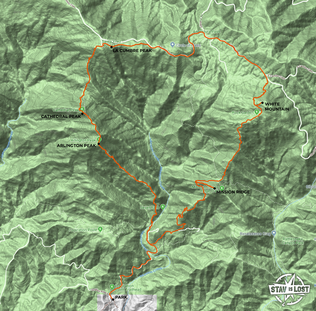 map for La Cumbre Peak via Cathedral Peak and Mission Ridge Loop by stav is lost