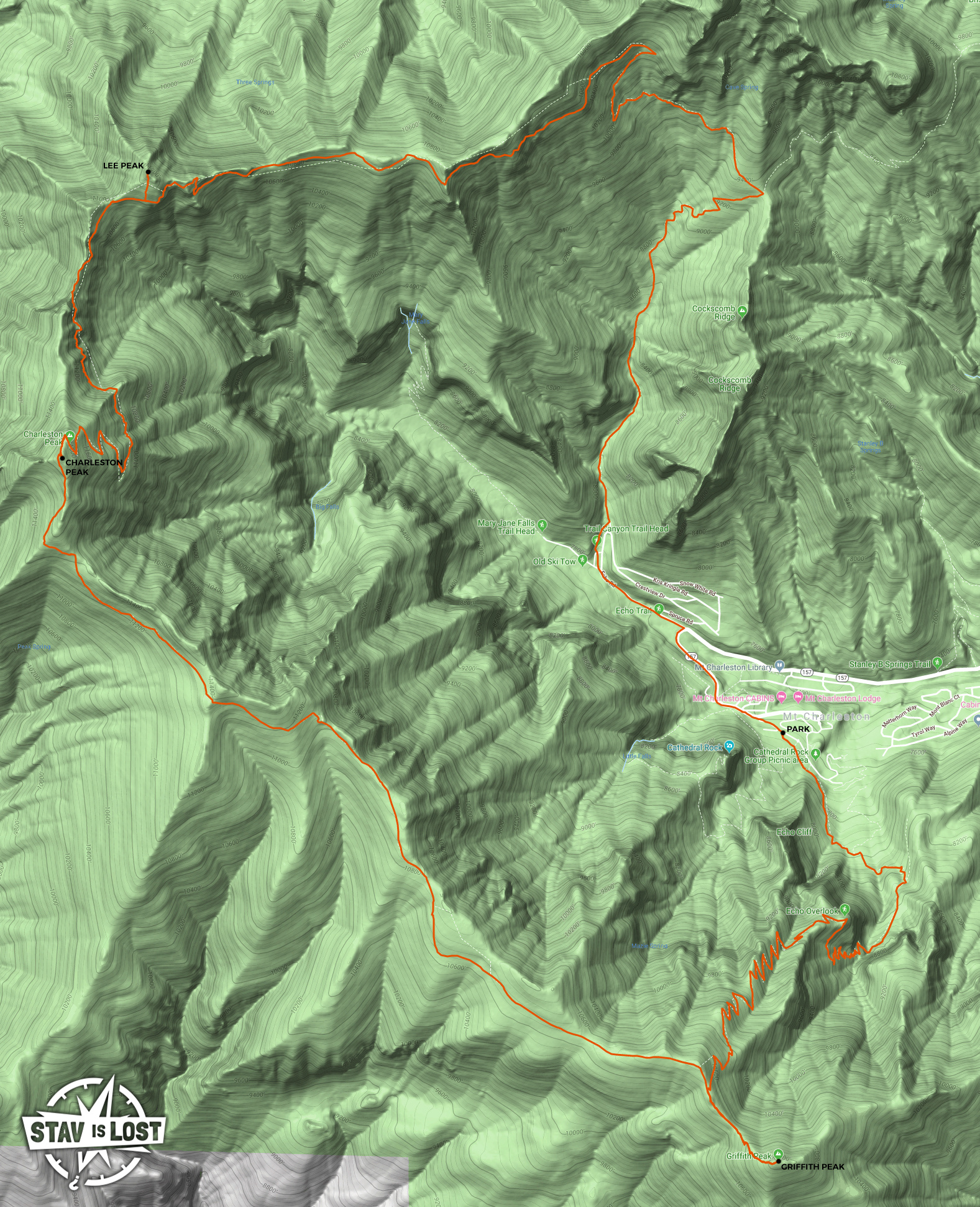 map for Griffith Peak, Charleston Peak, Lee Peak Loop by stav is lost