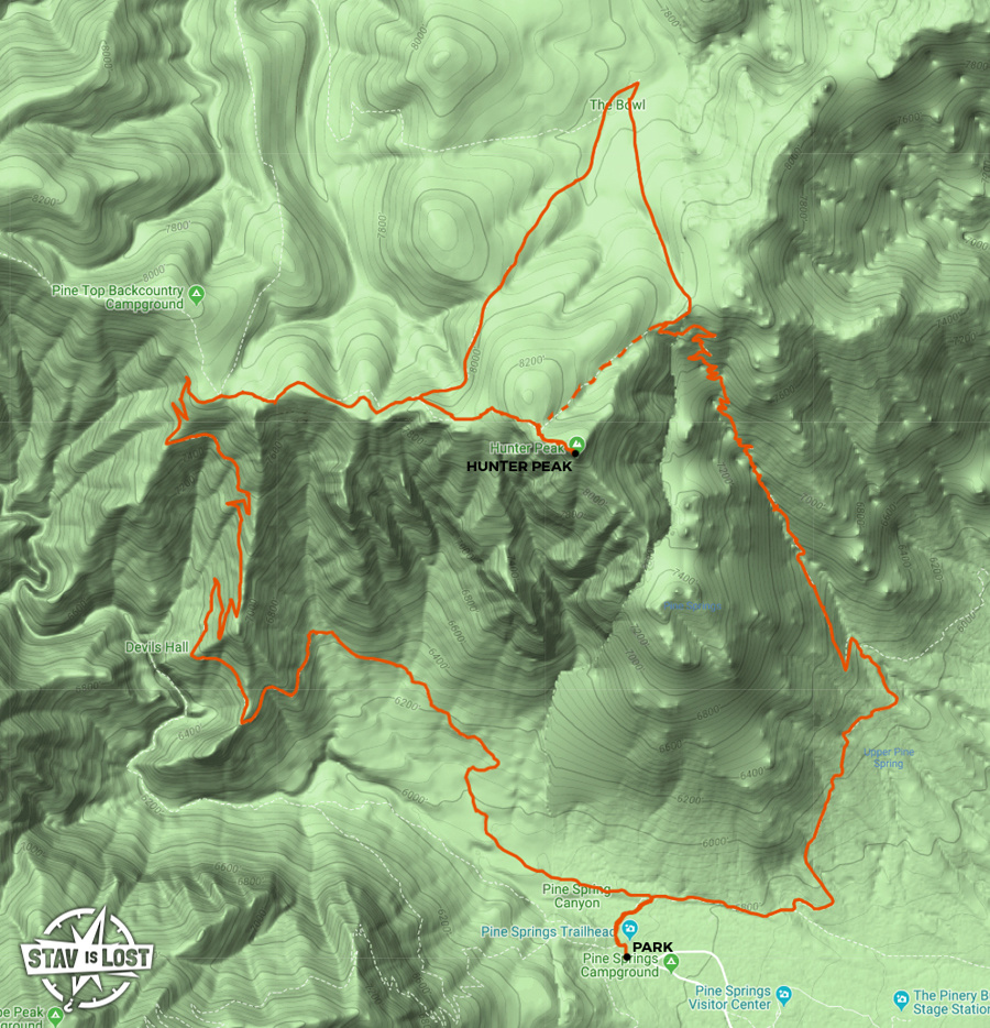 map for Hunter Peak and The Bowl via Bear Canyon Loop by stav is lost