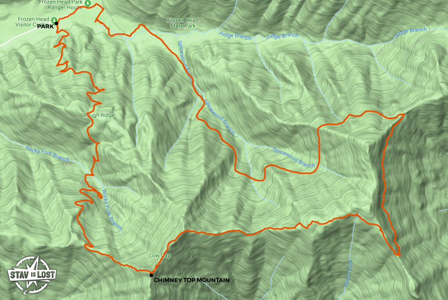 map for Chimney Top Mountain via Spicewood Branch Loop by stav is lost