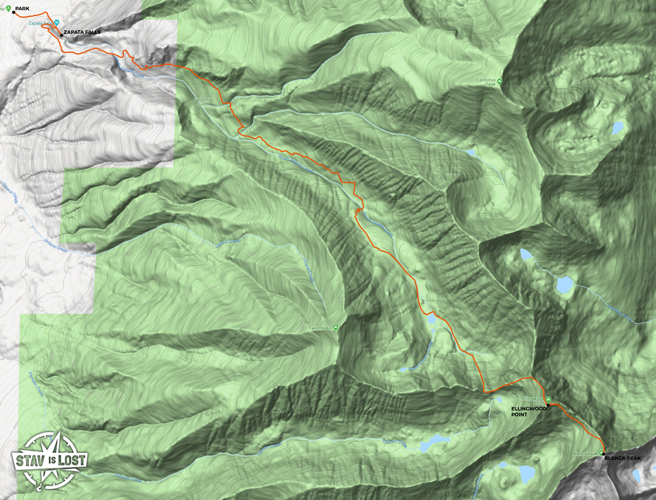 map for Ellingwood Point and Blanca Peak via Zapata Lake by stav is lost