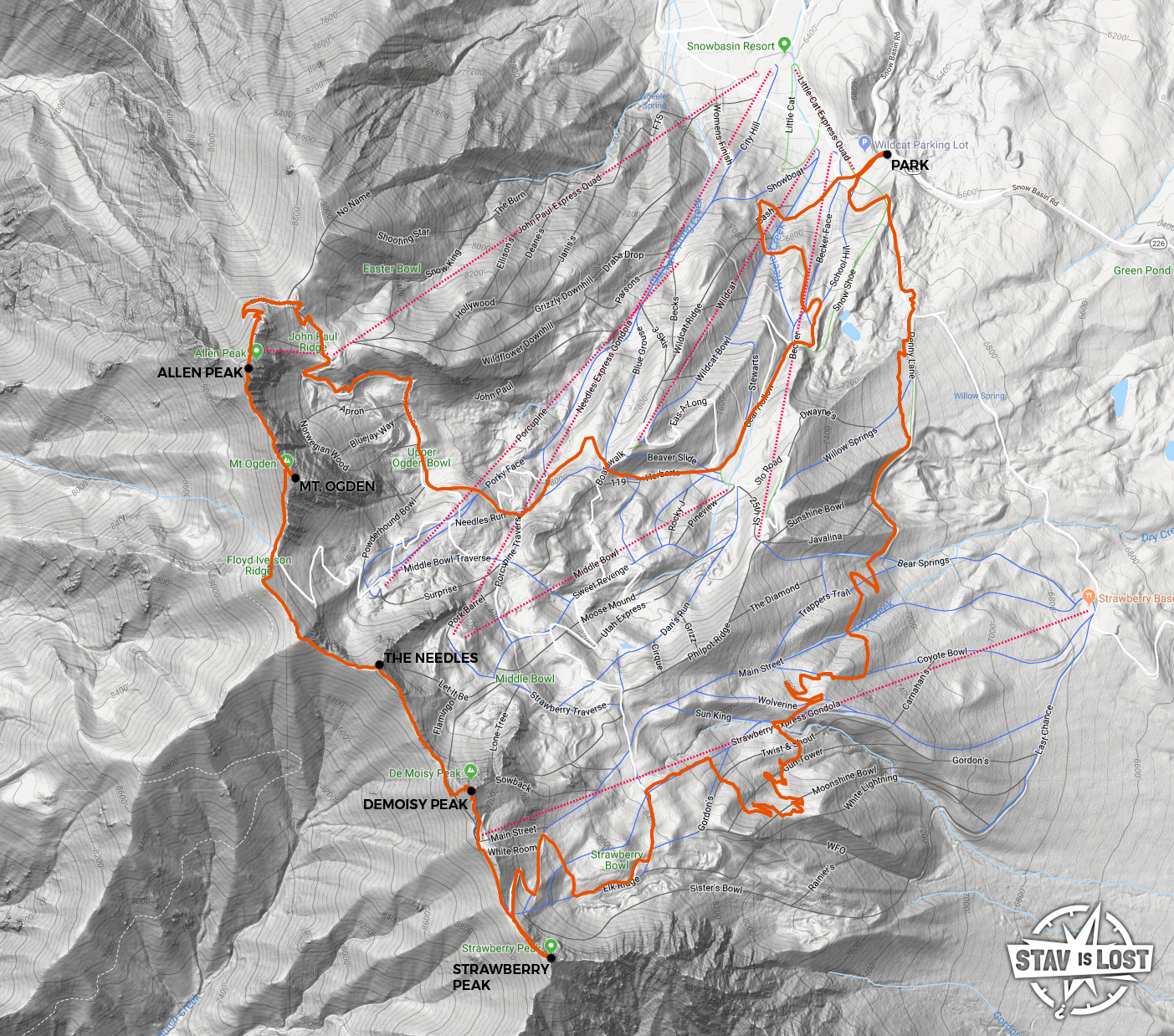 map for Mount Ogden and DeMoisy Peak via Snowbasin by stav is lost