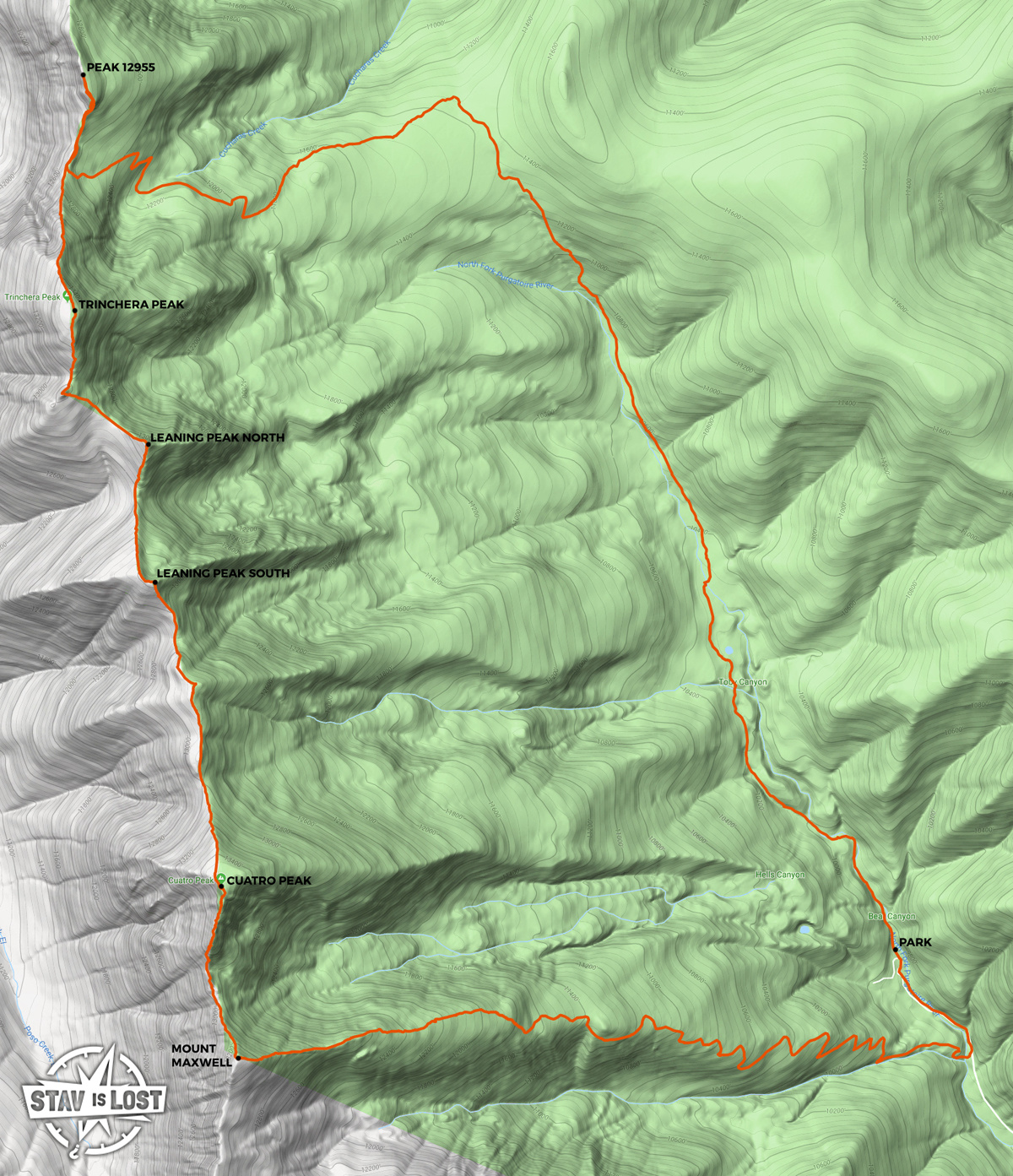 Hiking Map for Trinchera Peak to Cuatro Peak Traverse
