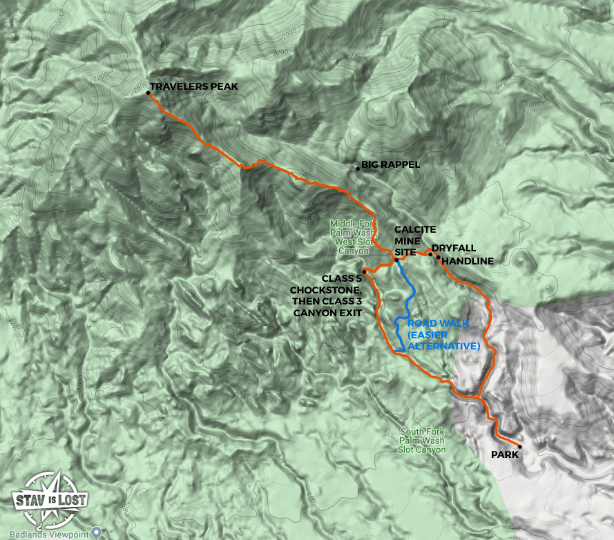 map for Travelers Peak via Palm Wash Slot Canyons Loop by stav is lost