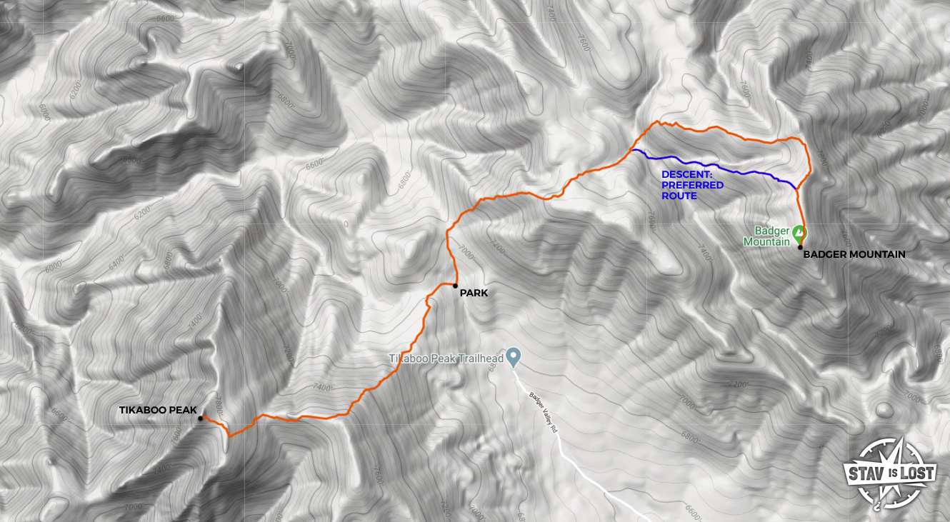 Hiking Map for Tikaboo Peak and Badger Mountain