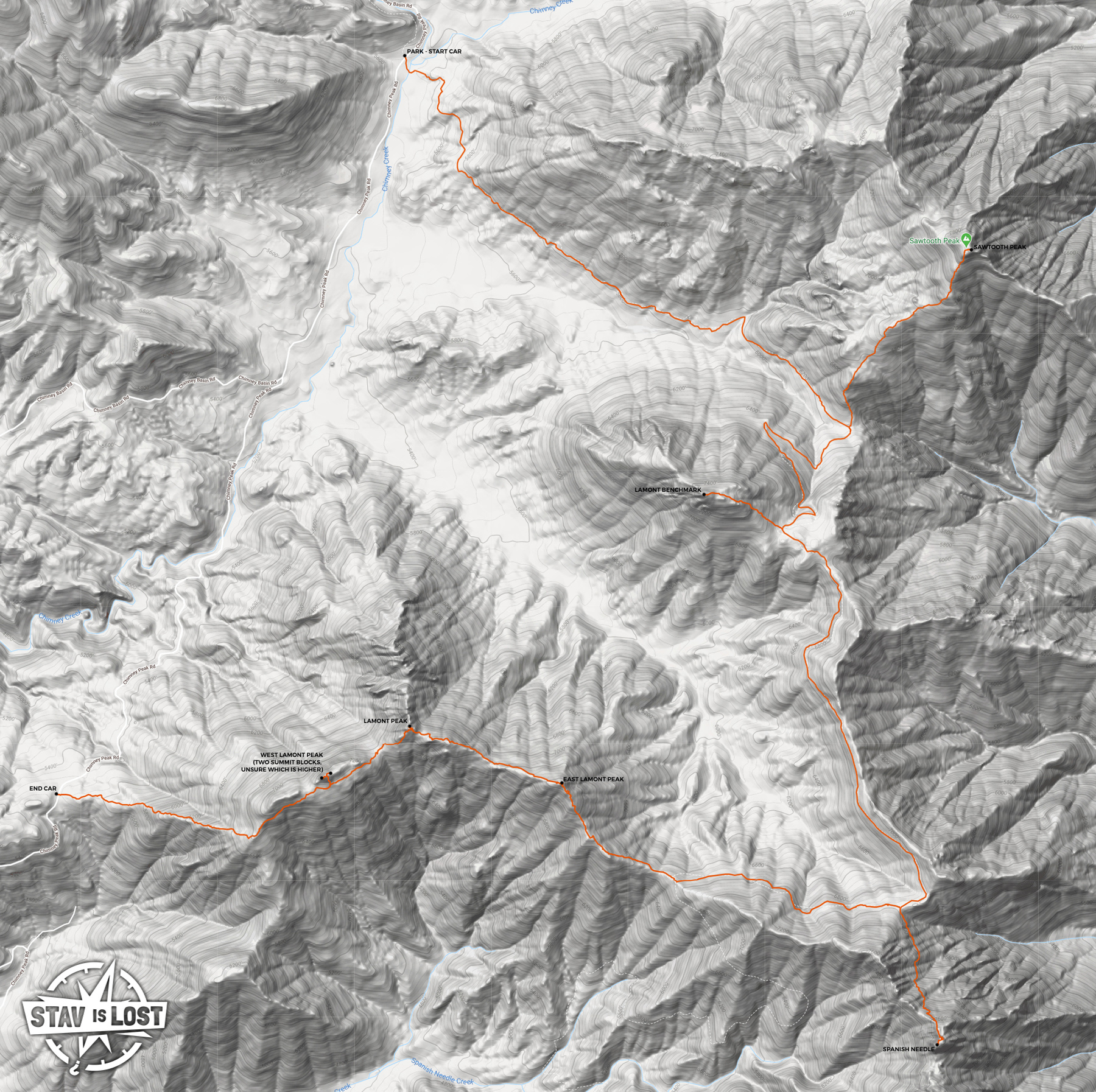 map for Sawtooth Peak, Spanish Needle, Lamont Peak Traverse by stav is lost