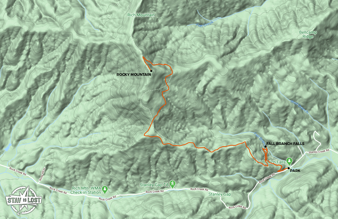 map for Rocky Mountain via Falls Branch Falls by stav is lost