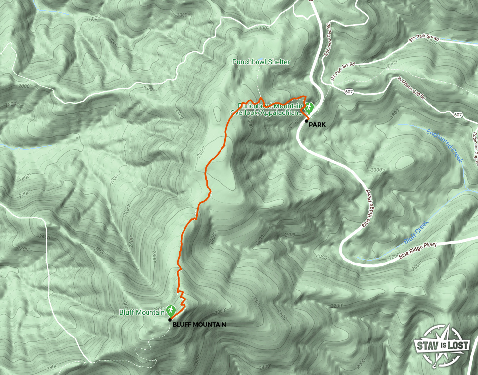 Hiking Map for Bluff Mountain