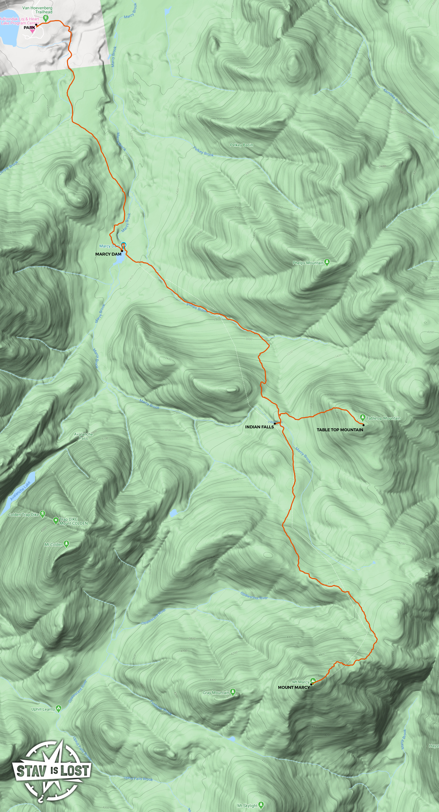 Hiking Map for Mount Marcy and Table Top Mountain