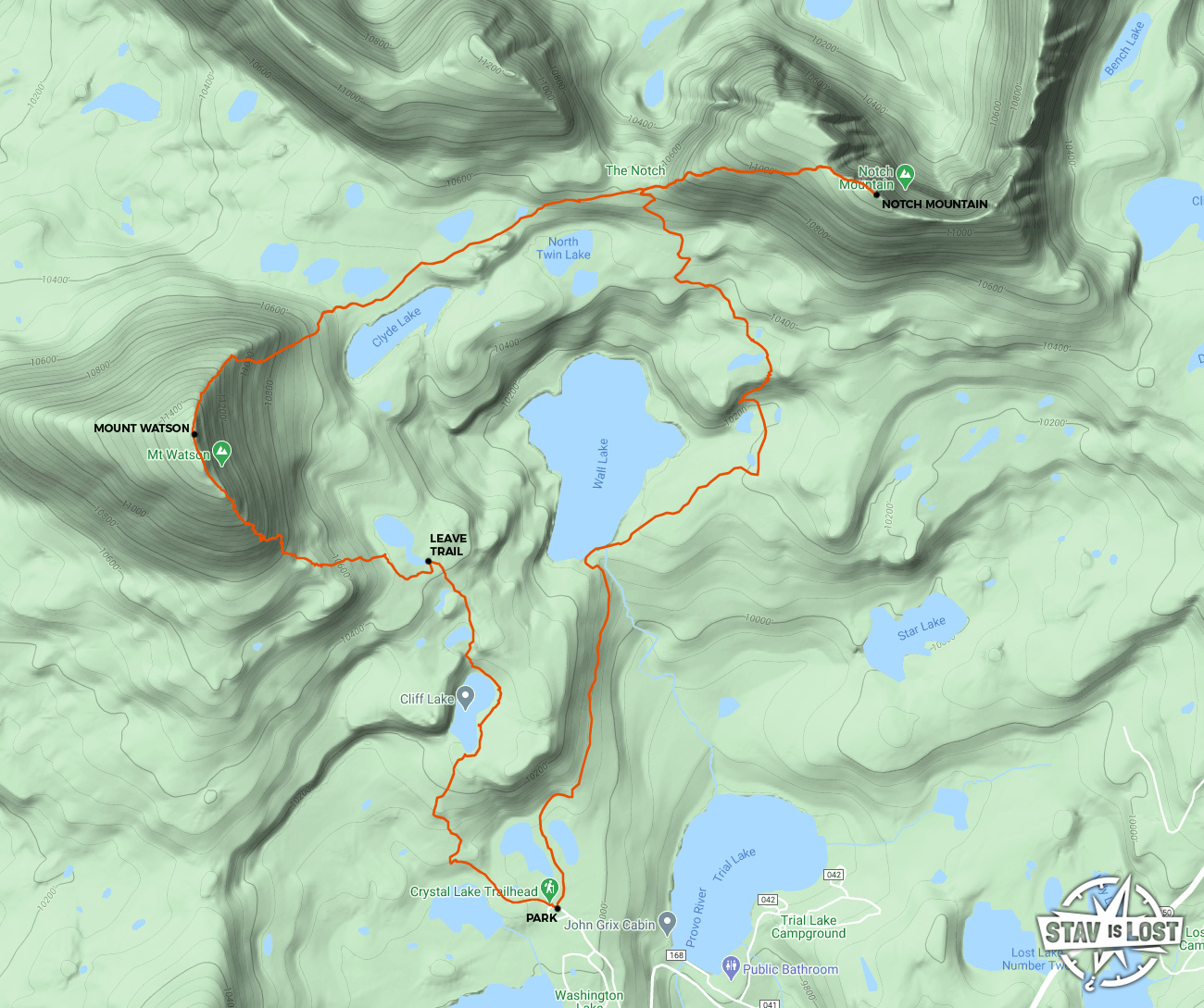 map for Mount Watson and Notch Mountain via Three Divide Lakes Loop by stav is lost