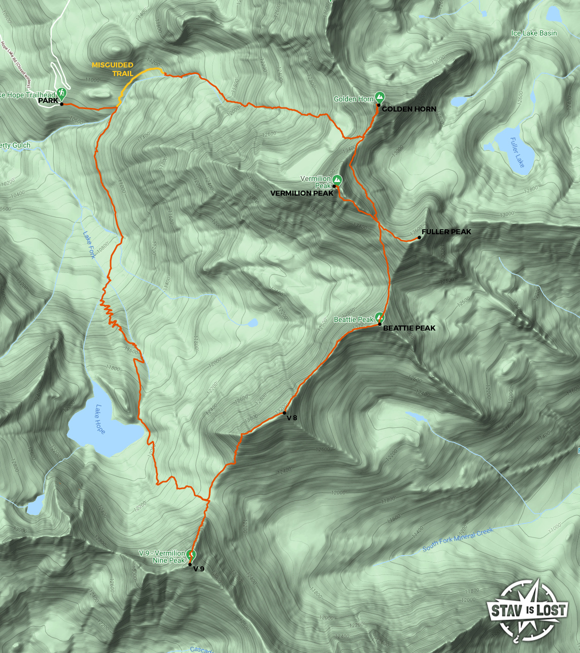 map for V9, Beattie Peak, Vermilion Peak, Golden Horn via Hope Lake by stav is lost