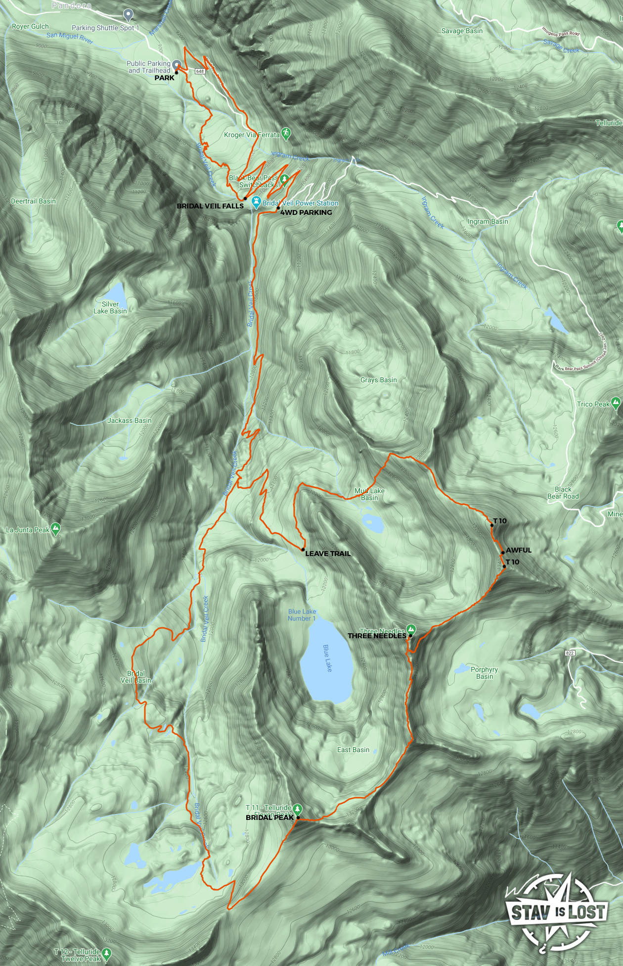 map for T10, Three Needles, Bridal Peak via Bridal Veil Basin by stav is lost
