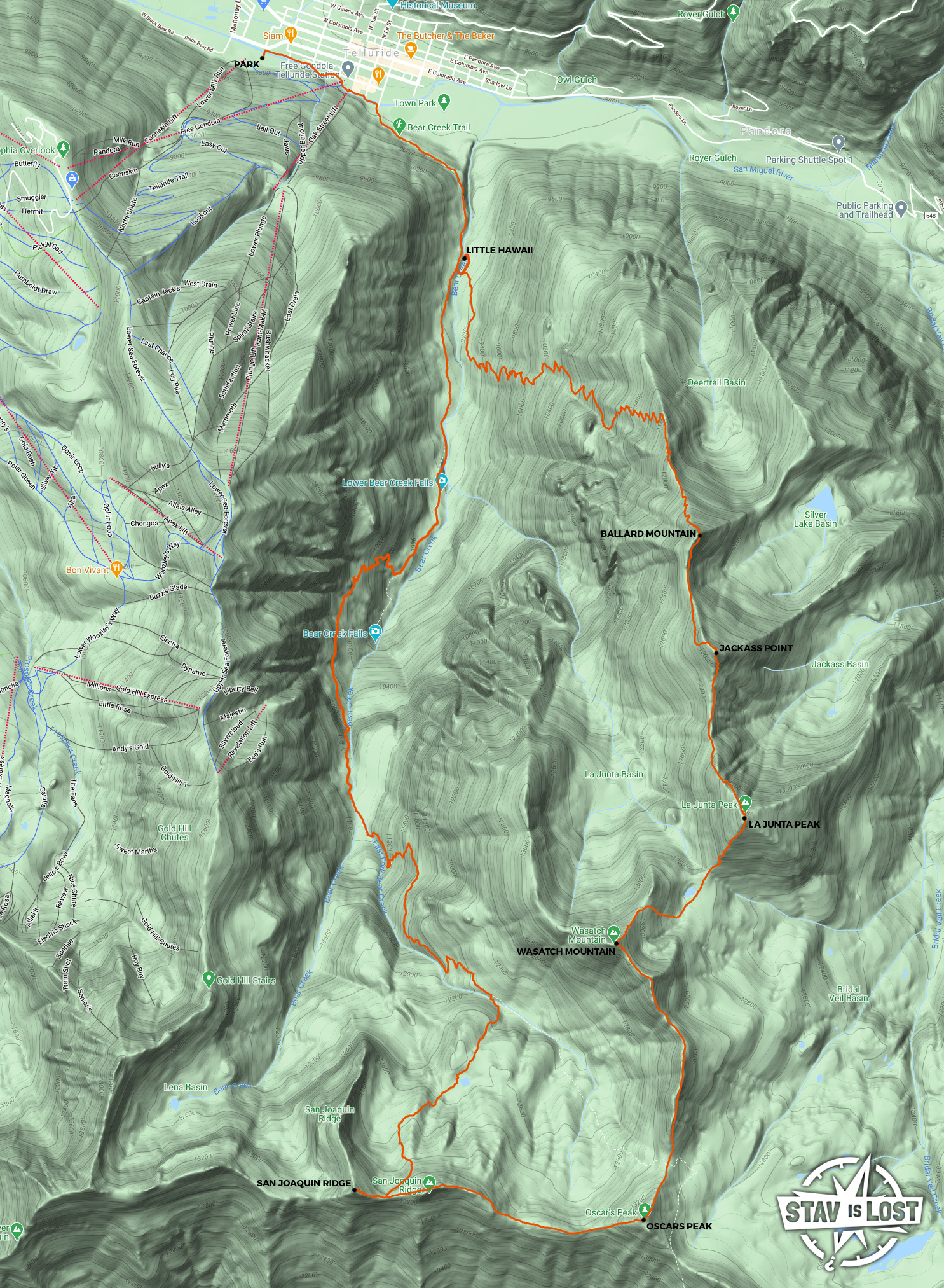 Hiking Map for La Junta Peak, Wasatch Peak, San Joaquin Ridge via Bear Creek