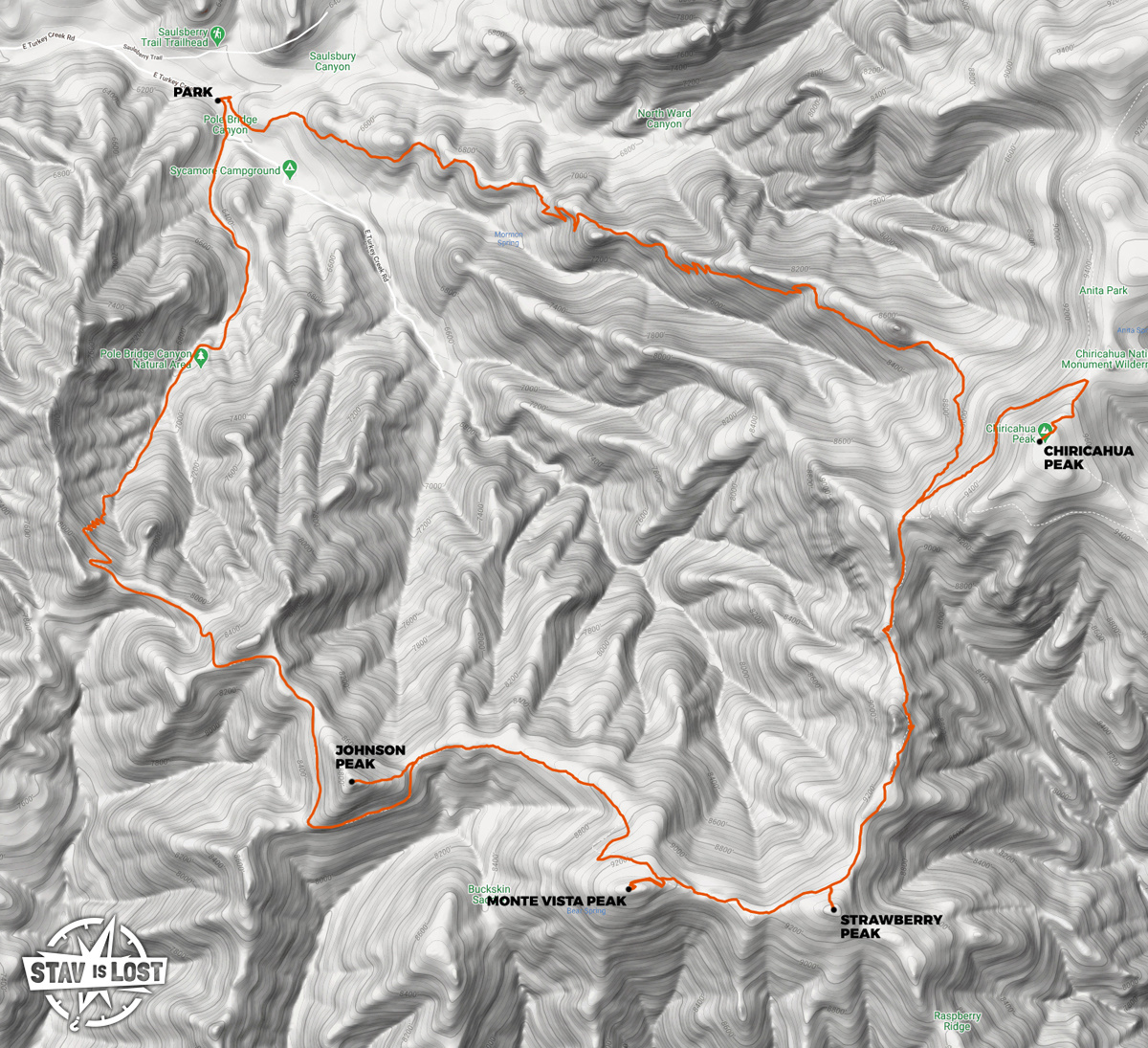 map for Chiricahua Peak via Mormon Ridge and Pole Bridge Loop by stav is lost