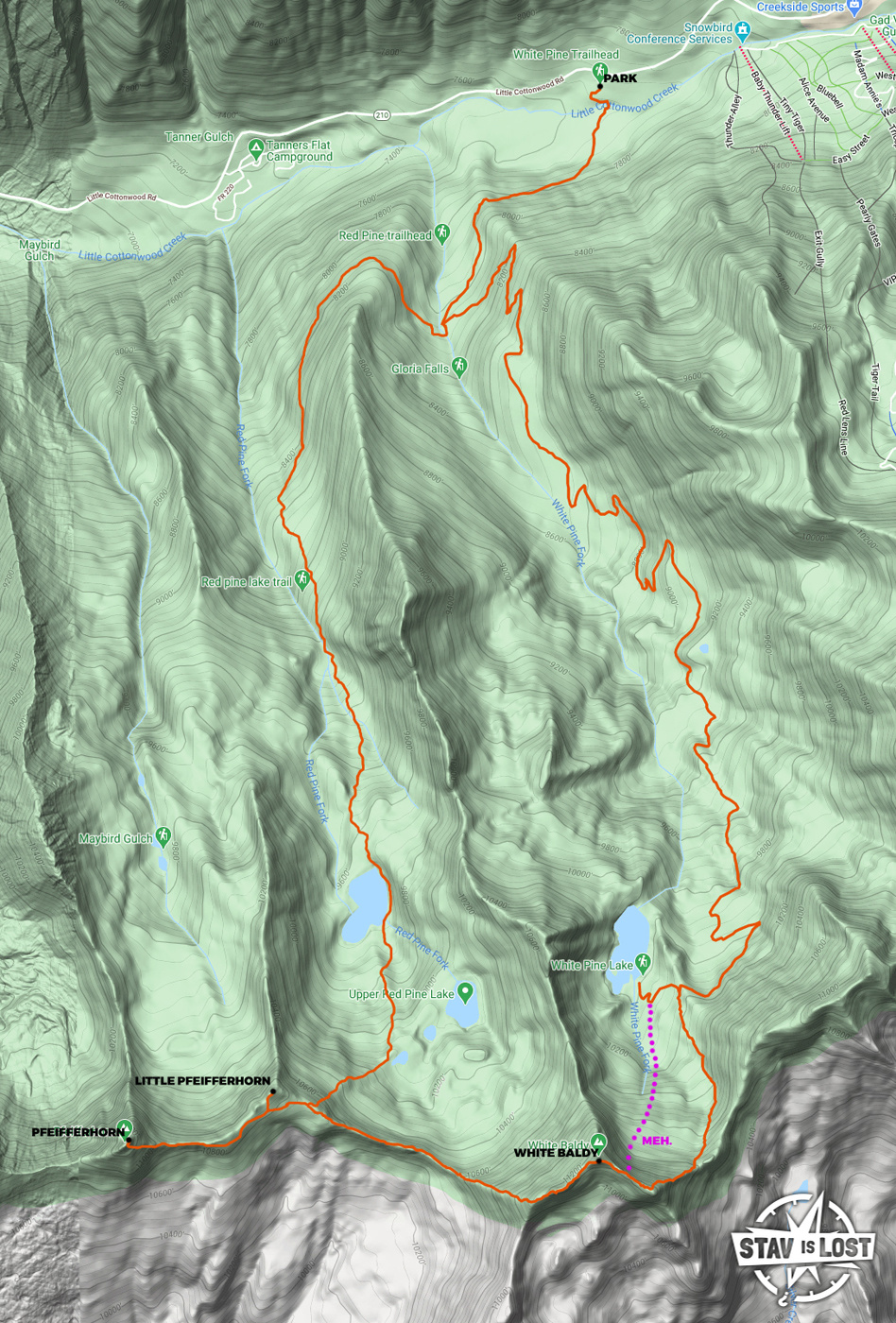 map for Pfeifferhorn and White Baldy via Red and White Pine Lakes Loop by stav is lost