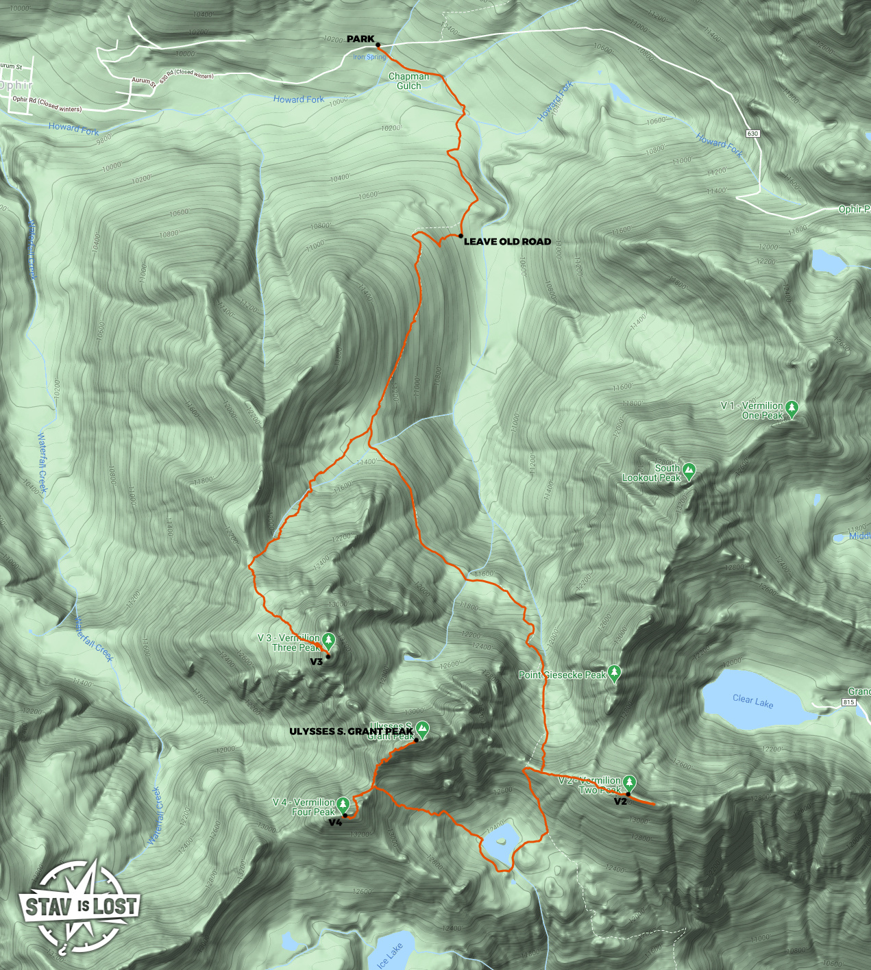 map for V3, Ulysses S Grant Peak, V4, V2 via Swamp Canyon Trail by stav is lost
