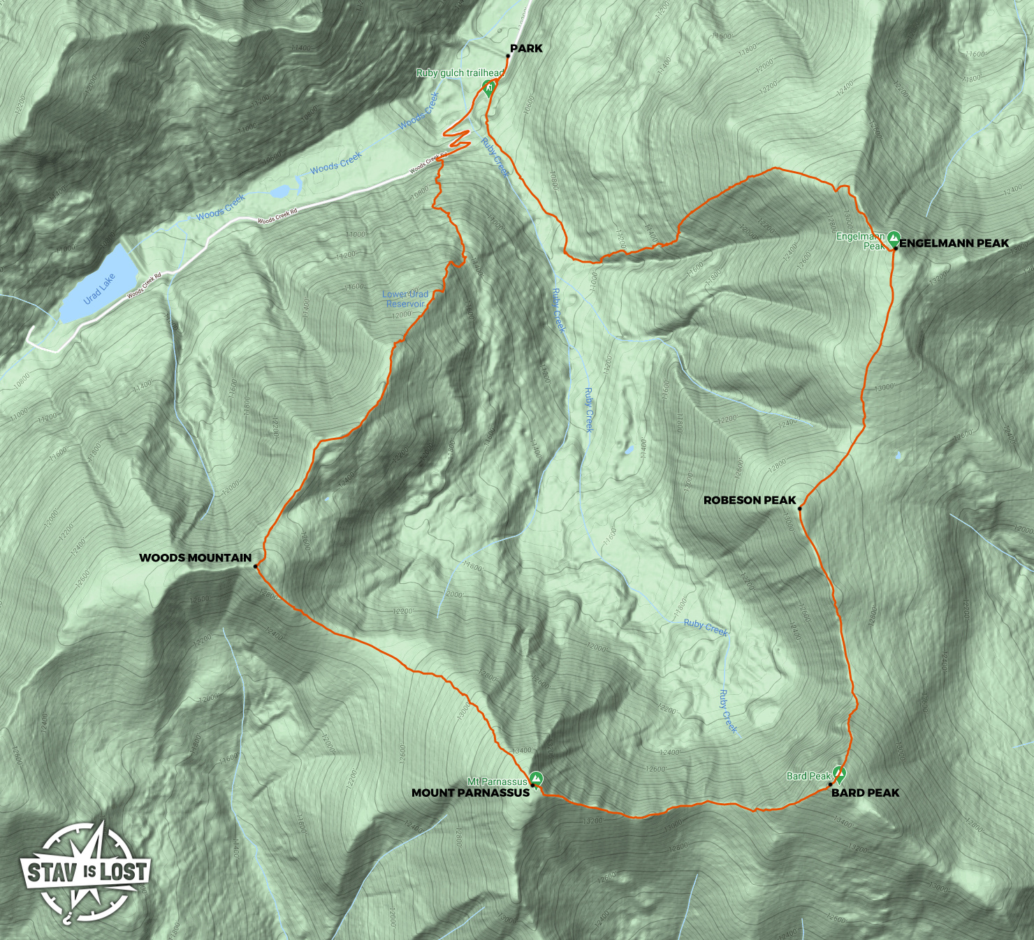 map for Engelmann Peak, Bard Peak, Mount Parnassus Loop by stav is lost